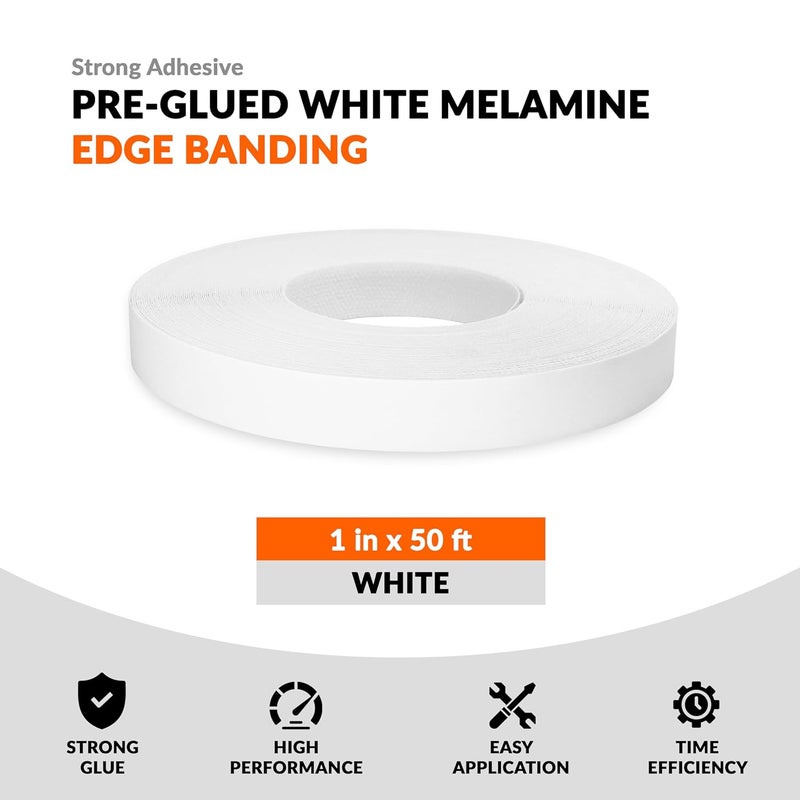 LEAFLEX White Edge Banding 1 inch x 50 ft Melamine Iron On Adhesive Edging Cabinet Repair Laminate Shelf Board Countertop Furniture Strip Wood Veneer Tape Trim Peel Stick Cabinet Molding Vinyl PVC Iron - Image 2